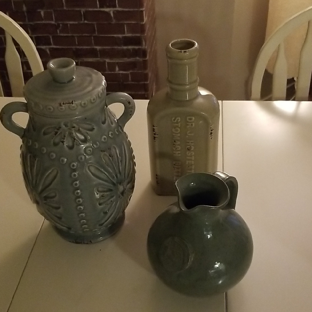 Set of Three Decorative Vases in Green, Tan, Blue